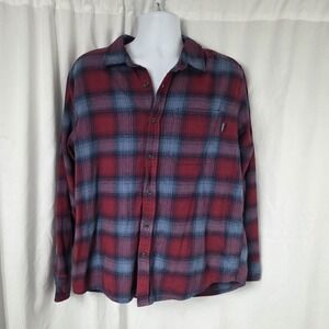 Eddie Bauer Shirt Mens XL Red Blue Plaid Flannel Long Sleeve Button Front Casual